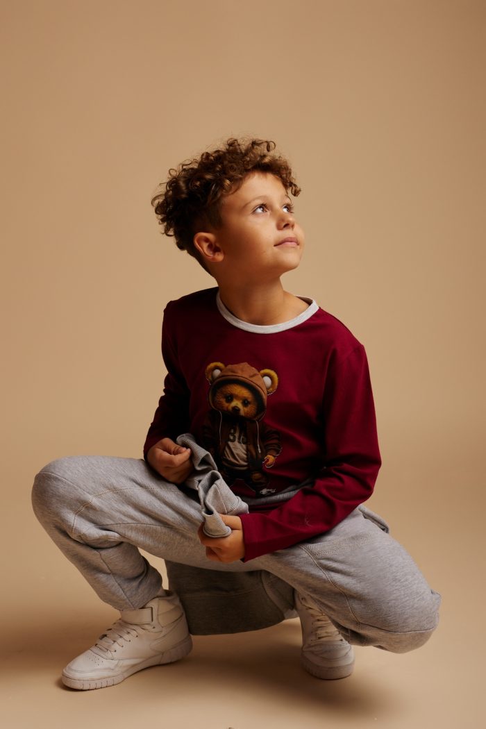 Bluzka/longsleeve Miś BORDO MAŁAMI - obrazek 2