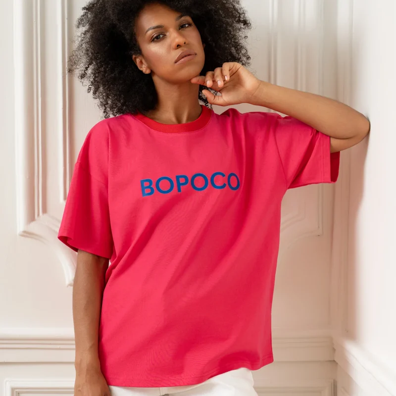 T-shirt RÓŻOWY Z CZERWONĄ LAMÓWKĄ BOPOCO