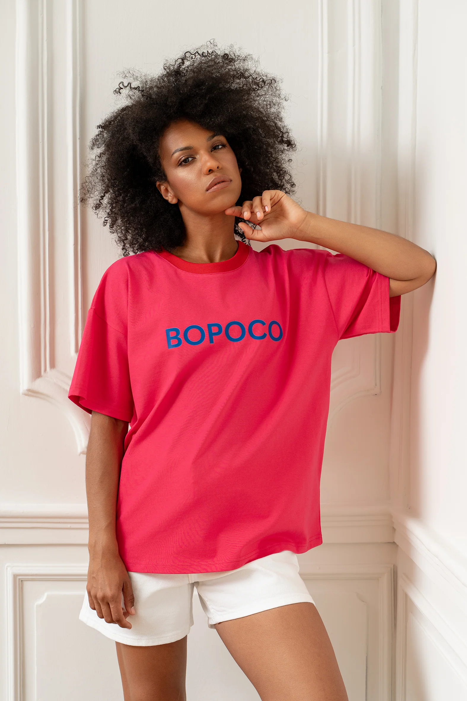 T-shirt RÓŻOWY Z CZERWONĄ LAMÓWKĄ BOPOCO